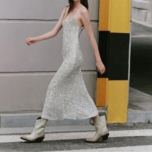 NWT Zara Sequin Silver Maxi Dress